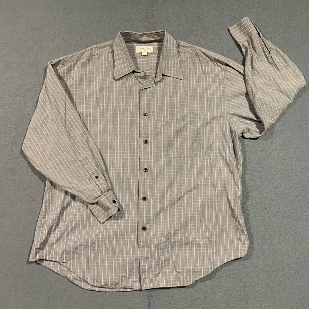 Murano Mens Dress Shirt 17 34 Gray Plaid Button Down Long Sleeve Italy
